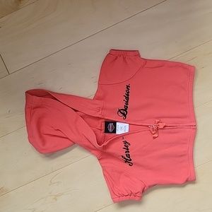 Harley Davidson half hoodie, front zipper, short sleeve. 18 months, orange/black